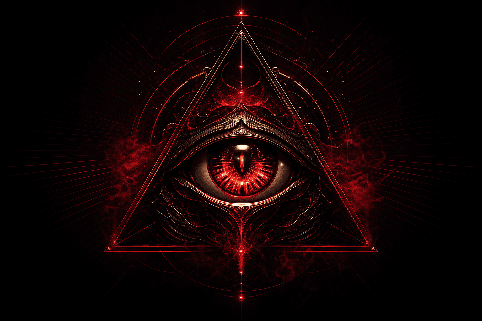 Luminous abstract eye within a triangular red frame
