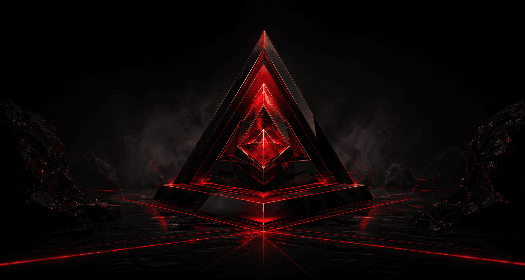 Red-lit abstract pyramid symbol